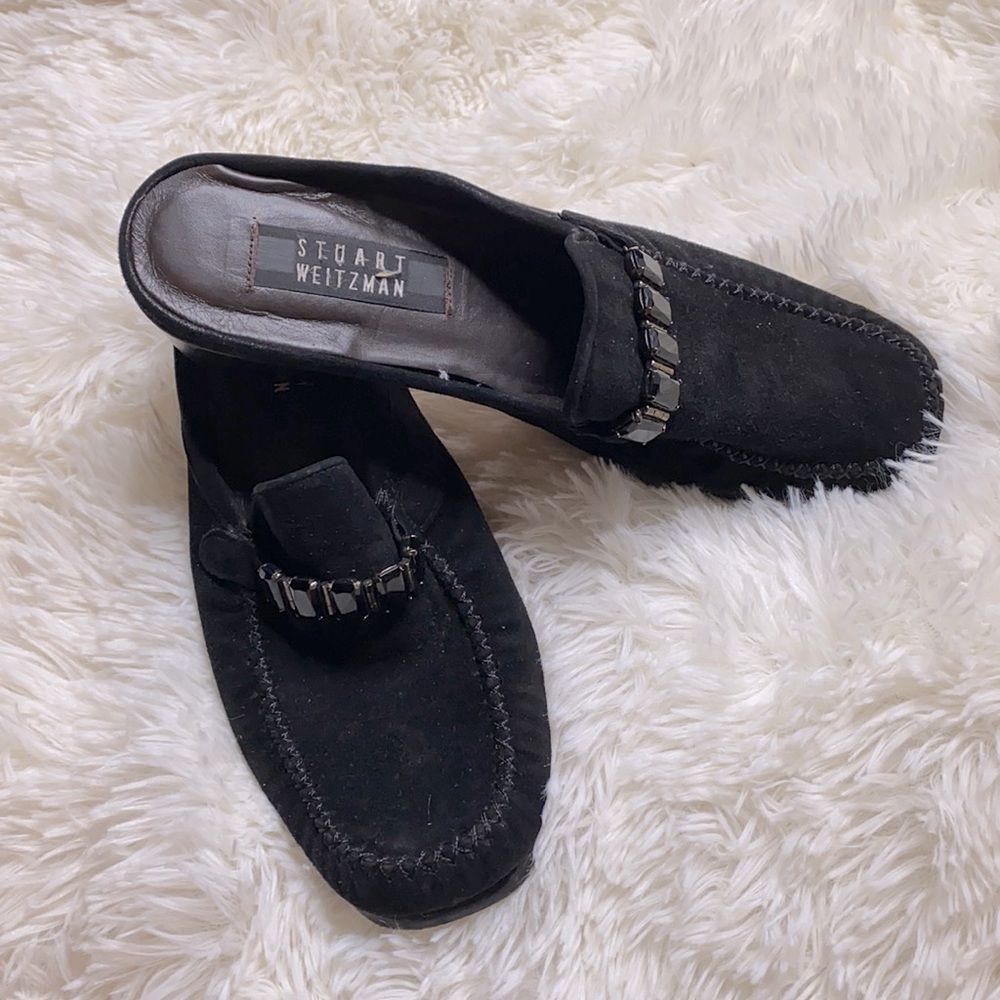 Stuart Weitzman Black Suede Jewel Slip-On Loafer Mules Size 8.5
